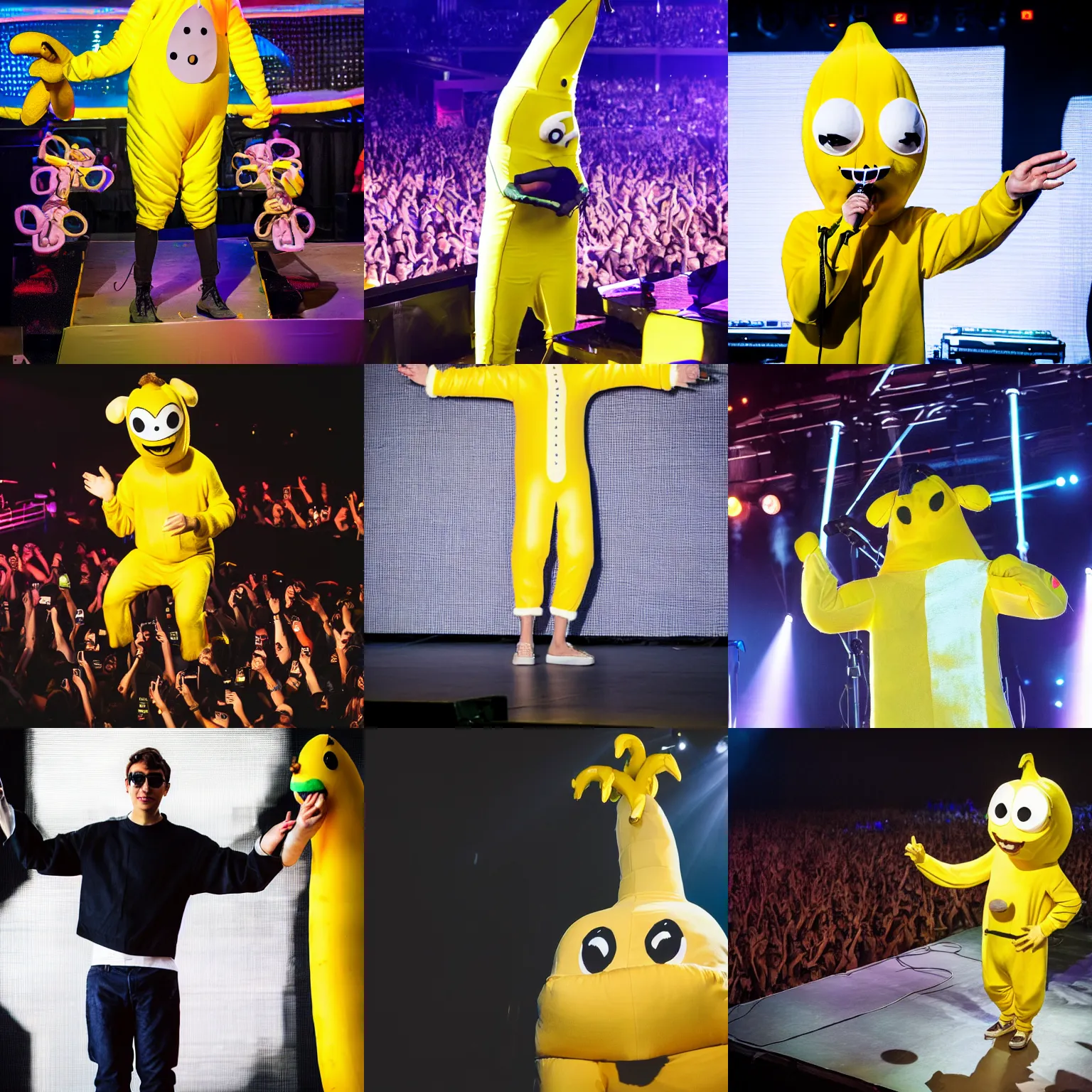 Prompt: Professional photograph of Flume wearing a banana costume on stage