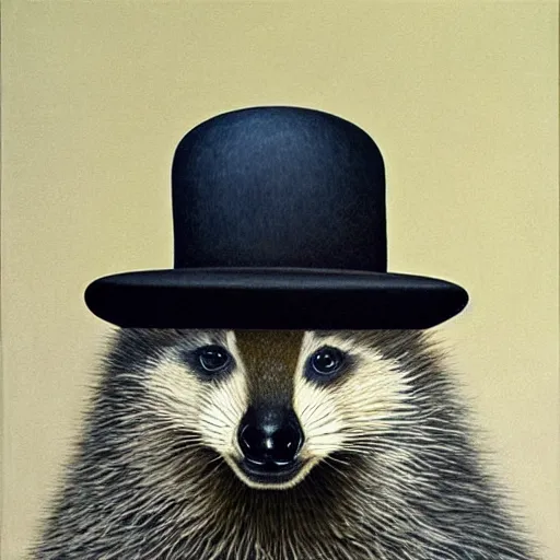 Image similar to a magritte painting masterpiece exposed in Paris : a racoon with a hat , This 4K HD image is Trending on Artstation, featured on Behance, well-rendered, extra crisp