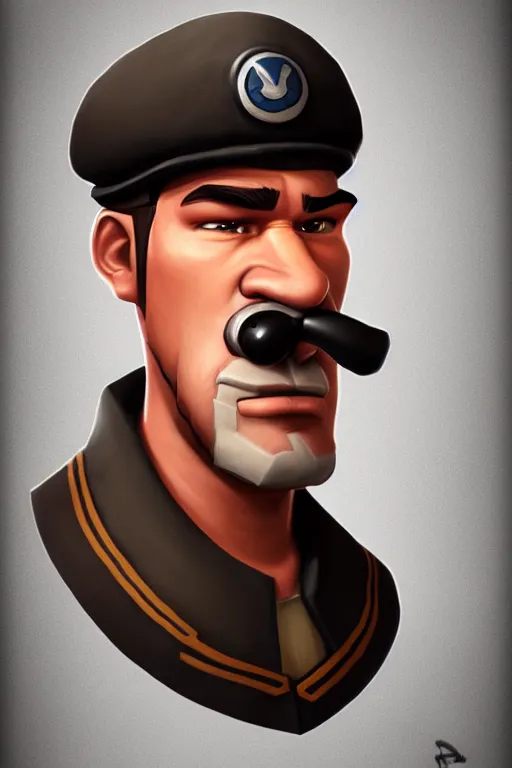 Image similar to beautiful highly detailed realistic stylized character portrait team fortress 2 engineer, detailed character art master portrait, trending on artstation