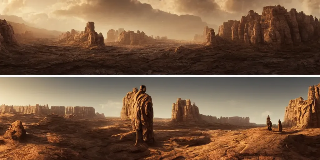 Prompt: massive panorama landscape with a small figure in the foreground wearing a cloak, desert sand landscape, tall sandstone cliffs with giant statues caved into the cliffs, bright afternoon scattered clouds, realistic, in the style of grandfailure, Tithi Luadthong, dynamic dramatic bright lighting,shadows,cinematic atmosphere,Artstation,concept design art,Octane render,8K