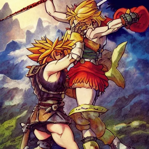 Image similar to crono stands atop a mountain of slain enemies as marle and ayla hug his legs, epic reimagining of chrono trigger by frank frazetta