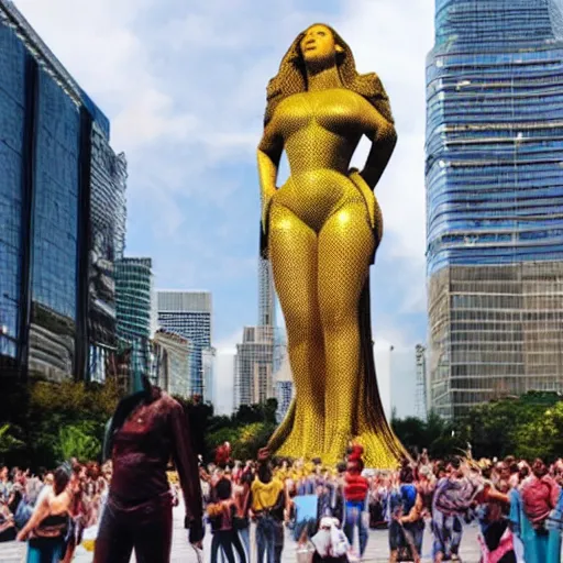 Prompt: a huge statue of beyoncé in a large city