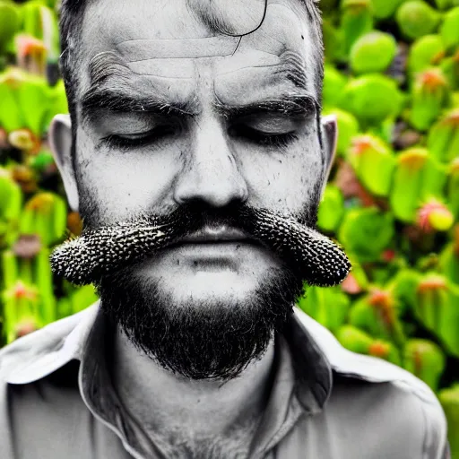 Image similar to cactus grown on man's face instead of beards, 5 0 mm