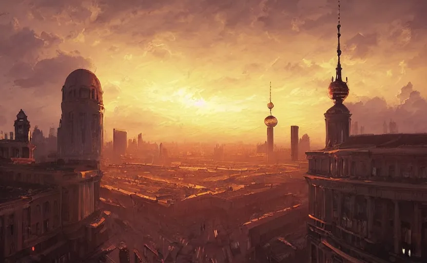 Image similar to painting of skyline of berlin at sunset, natural light, concept art, by greg rutkowski, cozy atmospheric and cinematic lighting