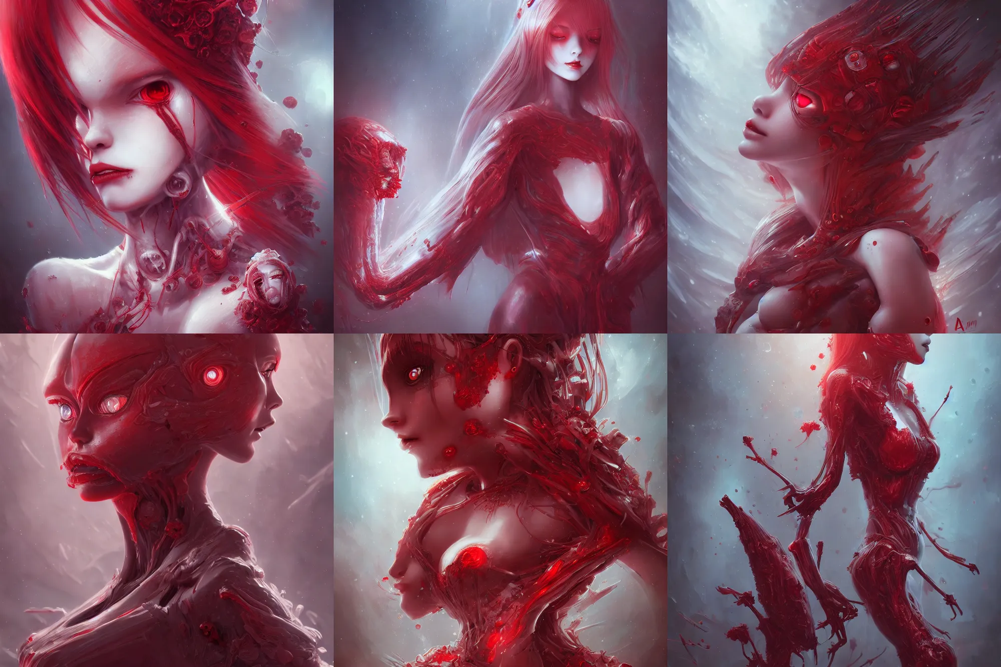 Prompt: detailed, sharp, dreaming humanoid female automata red consumed by alien flesh by Anna Dittmannand, digital art. surreal. trending on art station. anime arts. featured on Pixiv, HD, 8K, highly detailed, good lighting, beautiful, epic, horror