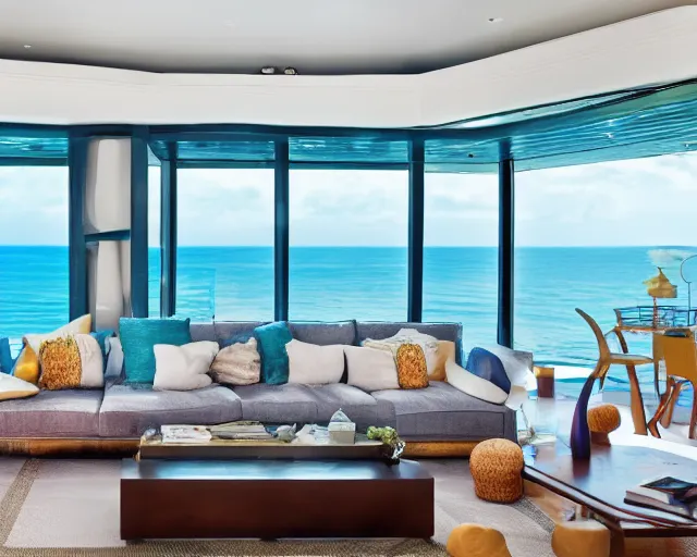 Prompt: A modern living room in a ocean hues style next to a big terrace overlooking the ocean, sea shells on top of a luxurious wooden coffee table in the center, inspired by the ocean, calm, relaxed style, harmony, wide angle shot, 8k resolution, ultra detailed