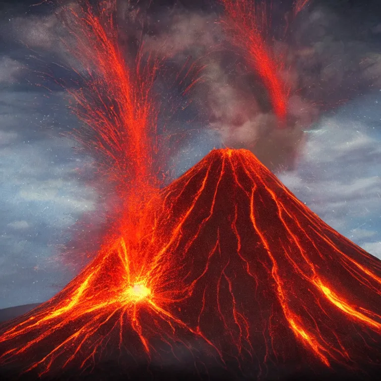 Image similar to a volcanic eruption looks like a beautiful mountain, from which flowers and stars, exotic plants come out instead of lava, all this happens in some kind of fantasy world, almost like in the sky or all in the amazing outdoors view, long exposure, 8 k resolution, trending on artstation