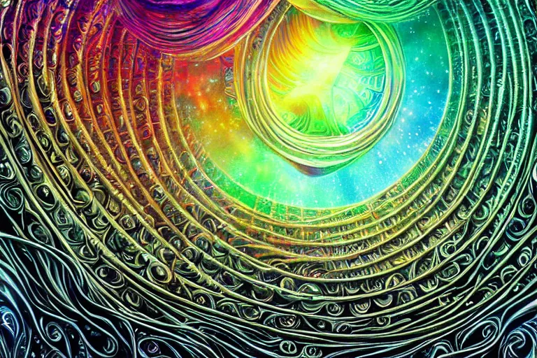 Prompt: intricate ornate twisting whirling rippling filigreed hive maze labyrinth of shiny convoluted crystal and rainbows, award winning art, epic dreamlike fantasy landscape, art print, science fiction, ultra realistic,