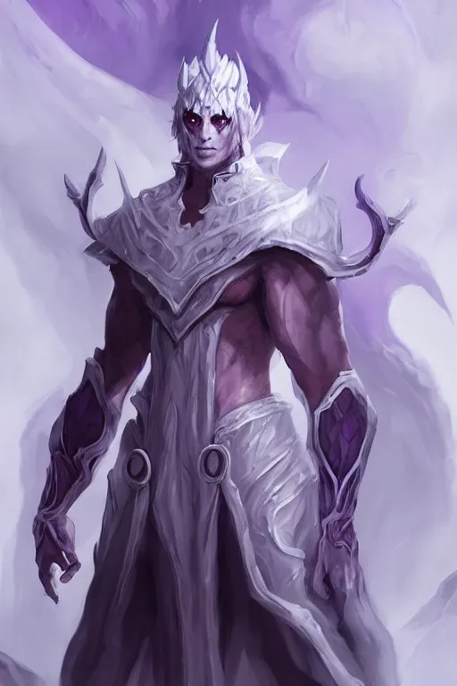 Prompt: man male demon, full body white purple cloak, character concept art, costume design, illustration, black eyes, white horns, trending on artstation, Artgerm , WLOP
