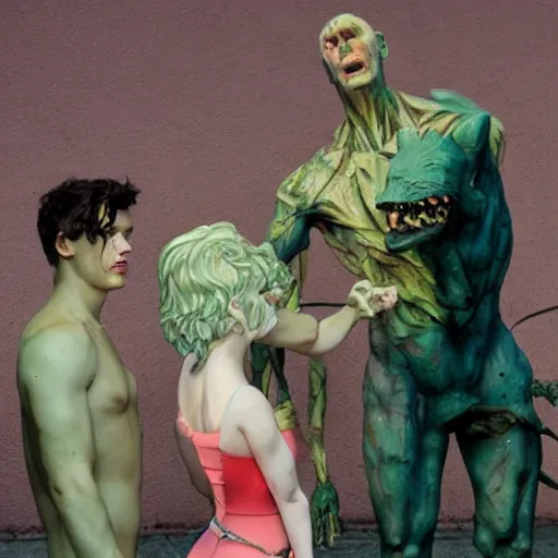 Image similar to anime threatening by frank weston benson, by erik jones. the sculpture features a group of monsters who live in a castle & have to deal with frankenstein's monster.