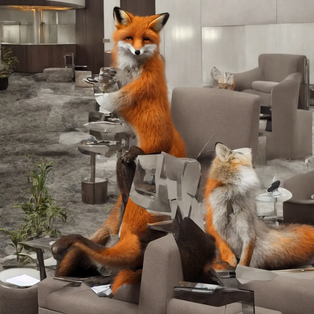 Image similar to anthropomorphic fox in suit sitting in the lobby of a futuristic hotel, anthro, furry