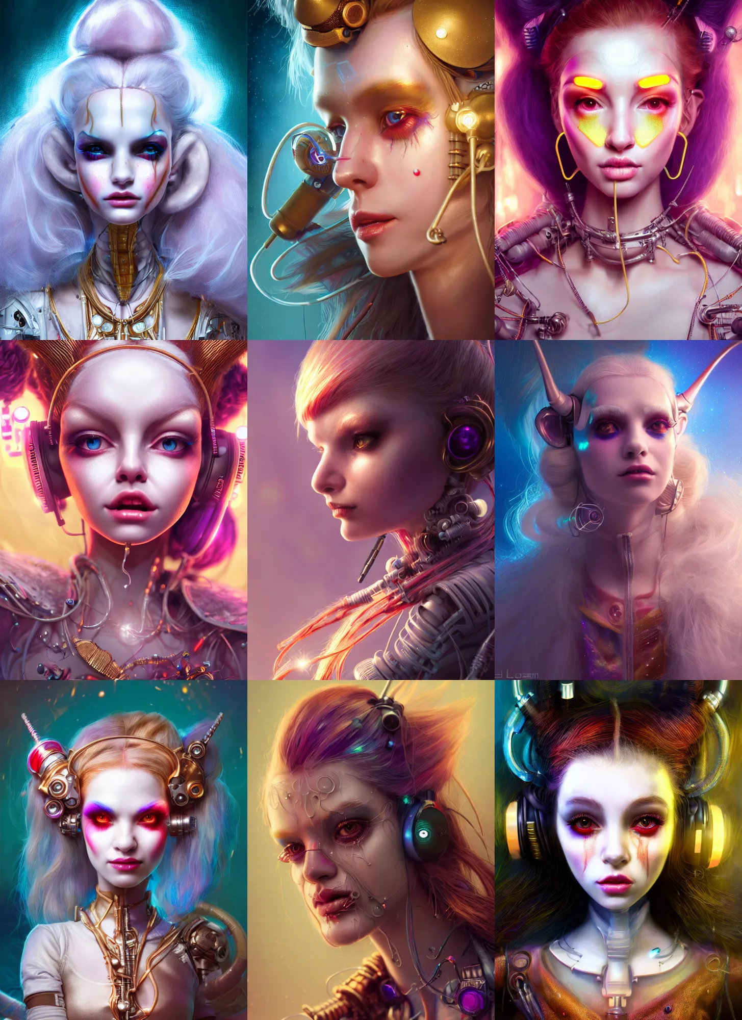 Prompt: disney weta 8 k, soft lustrous biotech raver white clowncore hot cyborg, earbuds, ( golden ratio ) details, sci - fi, fantasy, cyberpunk, intricate, decadent, highly detailed, digital painting, ever after high, octane render, artstation, concept art, smooth, sharp focus, illustration, art by loish, wlop