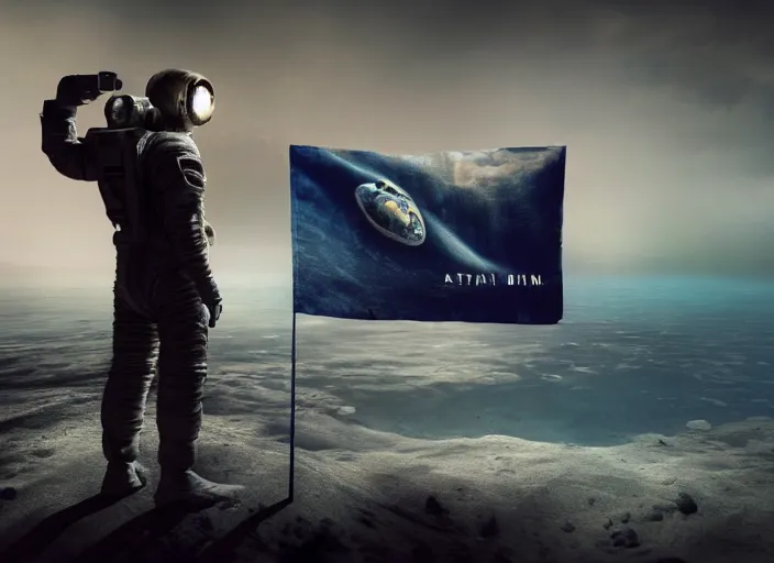 Image similar to astronaut holding a flag in an underwater desert. a submarine is visible in the distance. dark, concept art, cinematic, dramatic, atmospheric, 8 k, trending on artstation, blue, fish, low visibility, fog, ocean floor, christopher nolan, interstellar