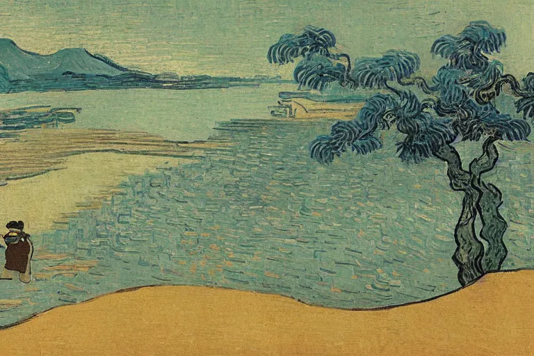 Prompt: japanese scenery in edo period, by vincent van gogh, high saturation