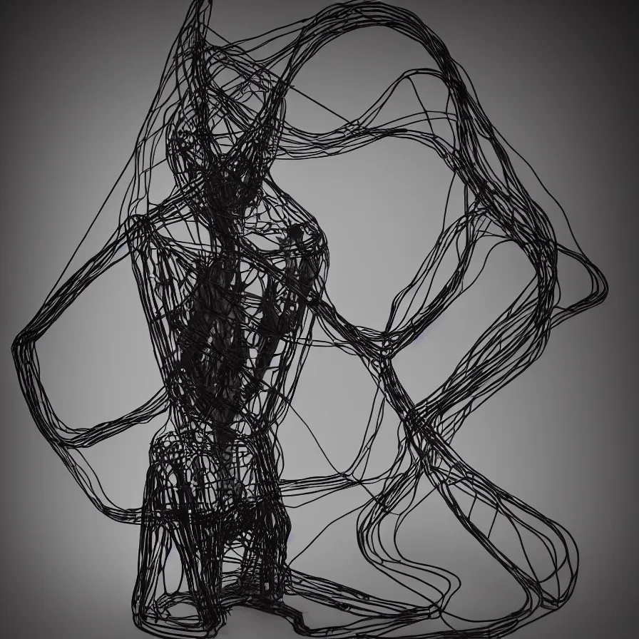 Prompt: extreme harsh lighting antique daguerrotype of geometric surreal sculpture of a human drowning in its own bad dreams, made of electrical tape and silicone tubing and black glass wire, fractal 3 d structure, sculpted by barbara hepworth and naum gabo, high contrast shocking detail trending on artstation 8 k