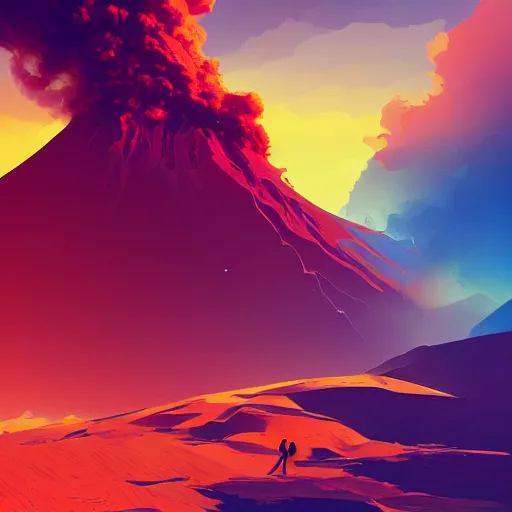 Prompt: volcano eruption, plumes of smoke and ash, rays of sunlight, dramatic lighting, dynamic view, by anton fadeev, alena aenami, digital art, concept art, vibrant, colorful, trending on artstation