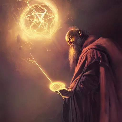 Image similar to a beautiful panting of a dark wizard casting a spell, alchemist lab, hyperrealistic, cinematic atmosphere, epic, artstation, moebius