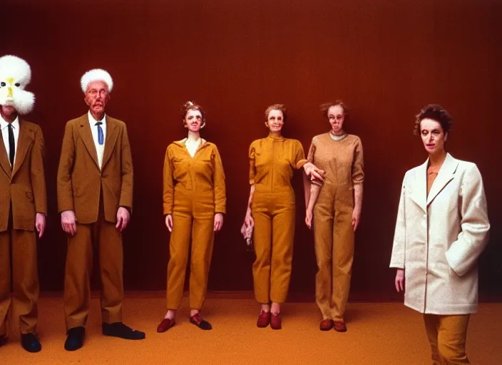 Image similar to realistic photo portrait of the team, brown mustard cotton fluffy carnival costumes, pigeon head face portrait, wooden polished and fancy expensive wooden science laboratory hall interior with plants 1 9 9 0, life magazine reportage photo, david lynch, michelangelo antonioni, red desert, twin peaks