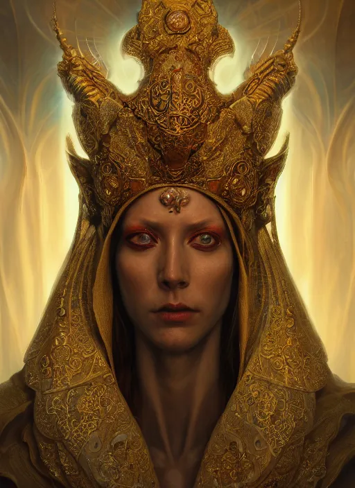 Prompt: slender high priest in a ornate robe, strange headpiece, subsurface scattering, by artgerm, karol bak, tomasz alen kopera, cgsociety and fenghua zhong, highly detailed, rim light, cinematic lighting, illustration, art, octane render, very coherent, cinematic, hyper realism, high detail, octane render, 8 k