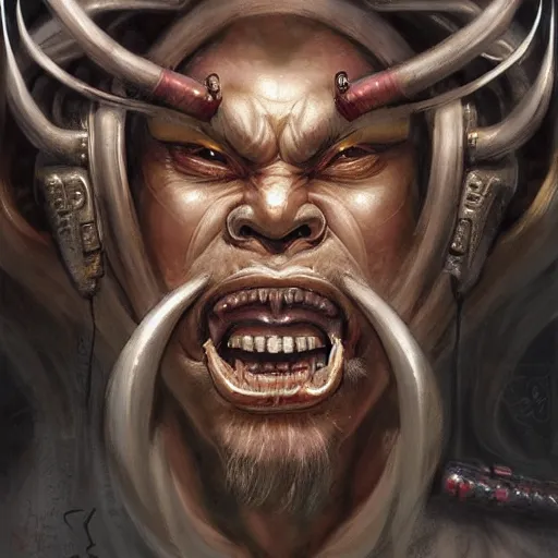 Image similar to portrait, cyberpunk japanese oni demon with horns, stern expression, long hair, highly detailed, digital painting, artstation, concept art, smooth, sharp focus, illustration, artgerm, tomasz alen kopera, peter mohrbacher, donato giancola, joseph christian leyendecker, wlop, frank frazetta