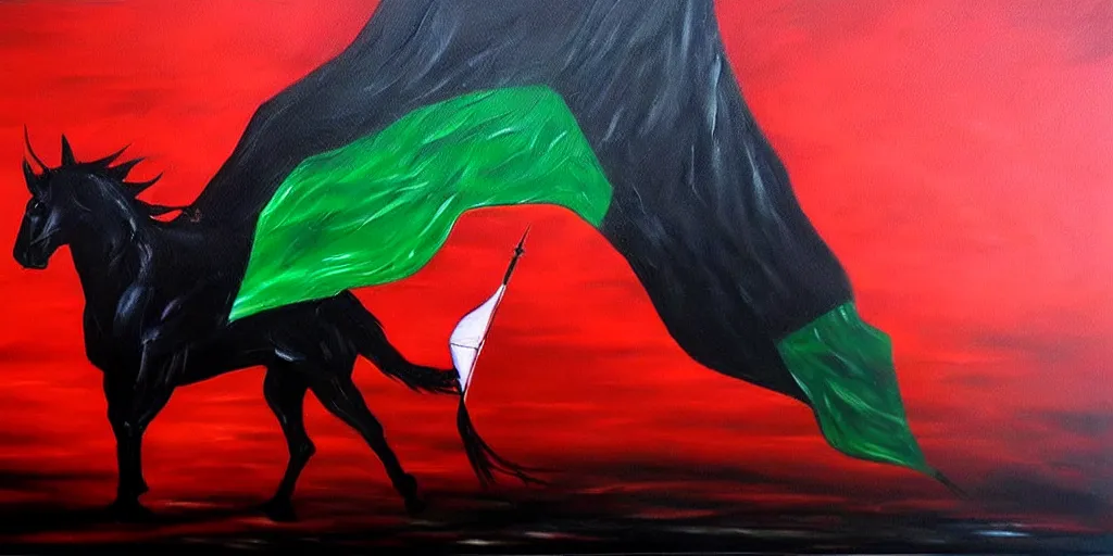 Image similar to dramatic epic dark oil painting of freedom for palestine, red green white black