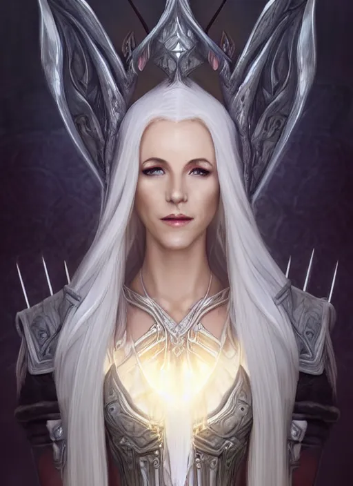 Prompt: portrait of a female elven mage as a diablo 3 character, looking at camera, D&D, white leather dress, long platinum hair, intricate, elegant, stylish, cute smile, fantasy, extremely detailed, digital painting, artstation, concept art, smooth, sharp focus, illustration, ambient lighting, art by artgerm and greg rutkowski and alphonse mucha and simon stalenhag