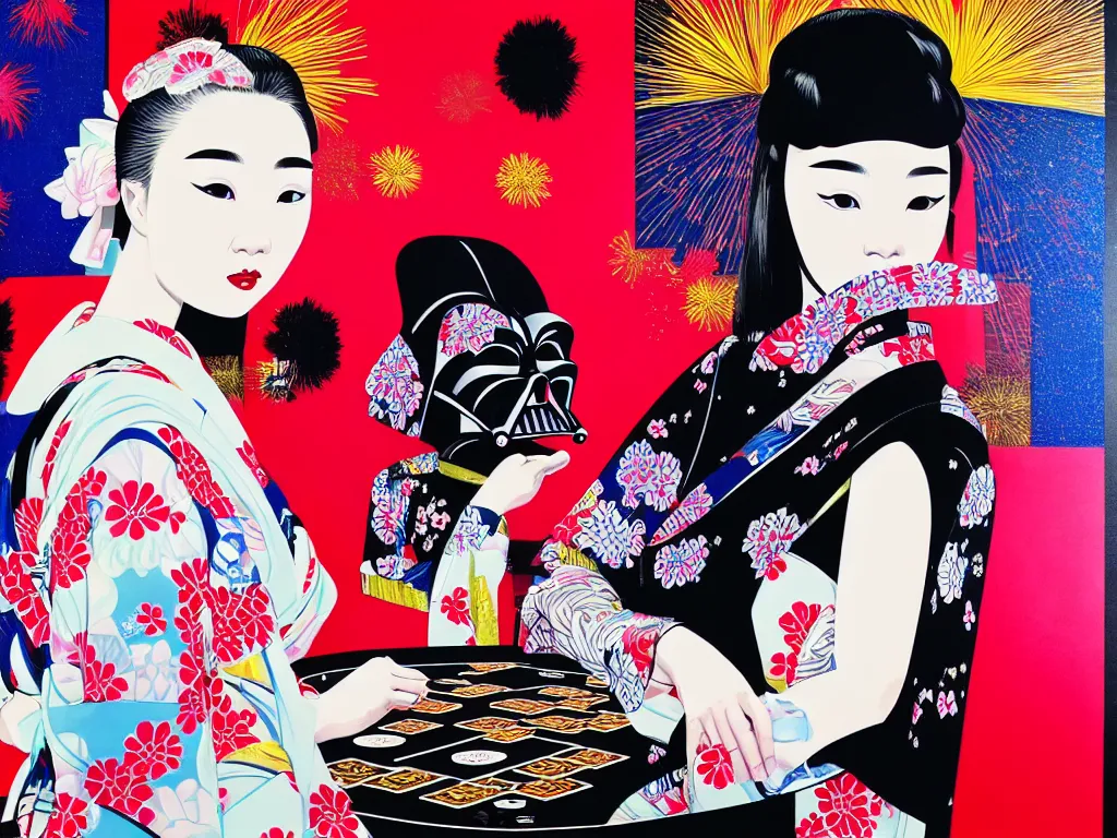 Image similar to hyperrealistic composition of the detailed woman in a japanese kimono sitting at a extremely detailed poker table with detailed darth vader, fireworks, mount fuji on the background, pop - art style, jacky tsai style, andy warhol style, acrylic on canvas