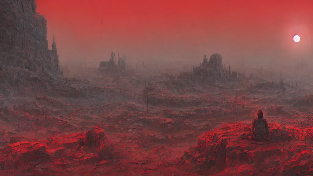 Prompt: a highly detailed landscape of a sole survivor sadly looking out over a post-apocalyptic ruined earth under a dim blood red moon, digital art by Benjamin Bardou, Zdzisław Beksiński , Ruan Jia