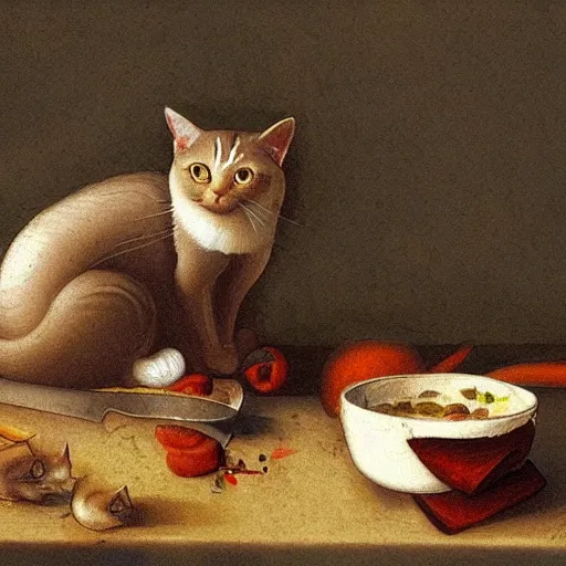 Image similar to the cat cooks soup, drawn by Leonardo Da Vinci, oil painting, trending in Artstation, artstationHD, 4k