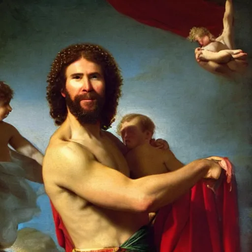 Image similar to Portrait of Will Ferrell as Jesus, heavenly vision, Jacques-Louis David, Musée du Louvre
