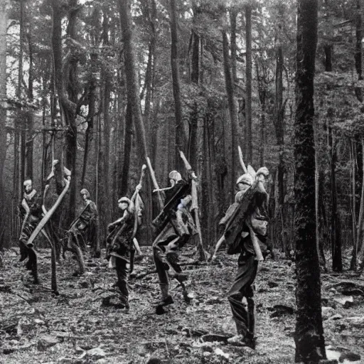 Image similar to wide shot, a squad of dead American Soldiers hung mid-air on trees, deep in the thick forest, painting, colored, eerie, Lovecraftian, eldritch horror, 1967