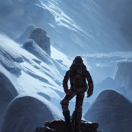 Image similar to a space survivor standing on blizzardy mountains, Matte painting , detailed painting, greg rutkowski