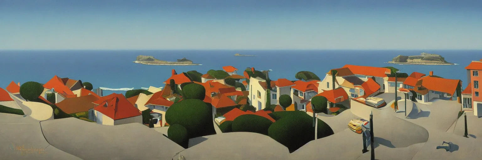 Prompt: Carmel-by-the-Sea cityscape oil painting magritte