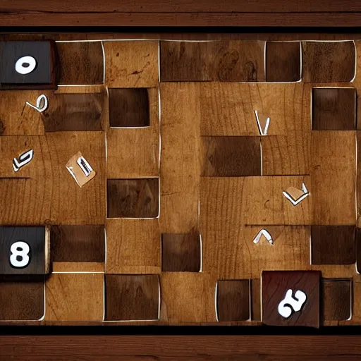 Image similar to game board made in wood, fantasy, with dice, epic, cinematic, thriller