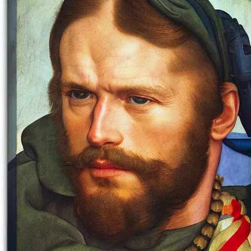 Image similar to us navy seal on aircraft carrier, fine art portrait painting, kodak portra, 8 k, soft light, clean lines, fashion photography, albrecht durer, caravaggio, diego velazquez, johannes vermeer