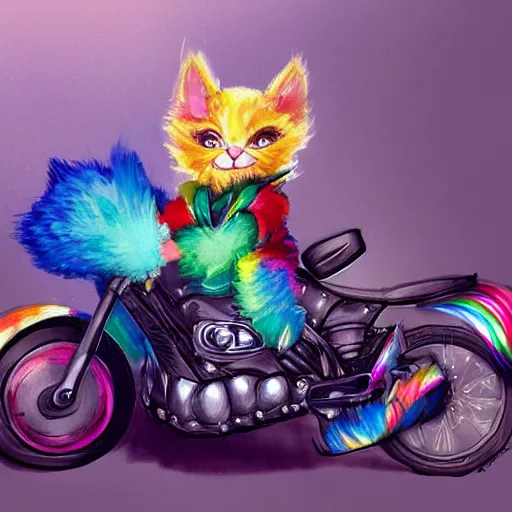 Image similar to wide angle full body, jacket wearing fluffy cute rainbow kitten wearing a black leather motorcycle jacket, riding on a motorcycle, cinematic concept art