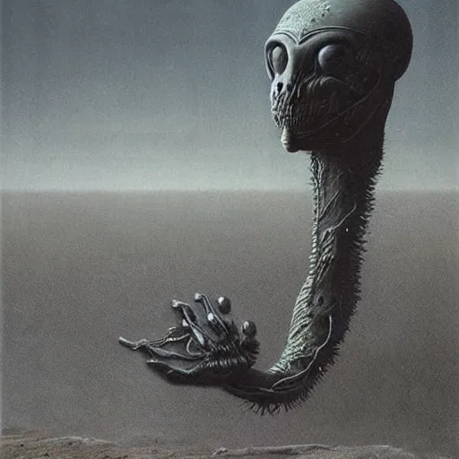 Image similar to an alien animal on a desolate planet, by Beksinski and h.r Giger