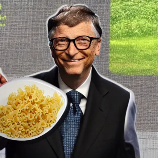 Image similar to bill gates puts pasta in his lawnmover