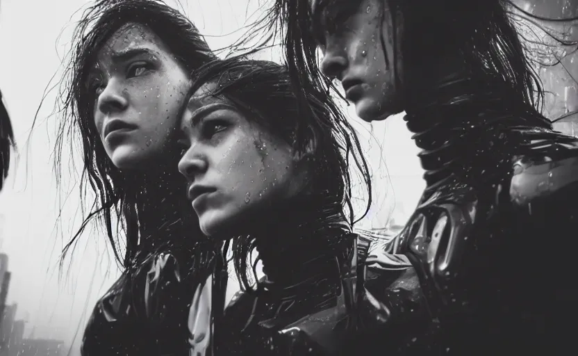 Image similar to cinestill 5 0 d candid action photographic portrait by stanley kubrick of two loving female androids wearing rugged black mesh techwear in treacherous waters, extreme closeup, modern cyberpunk retrofuturism moody emotional cinematic, pouring iridescent rain, 8 k, hd, high resolution, 3 5 mm, f / 3 2, motion blur, ultra realistic faces, ex machina