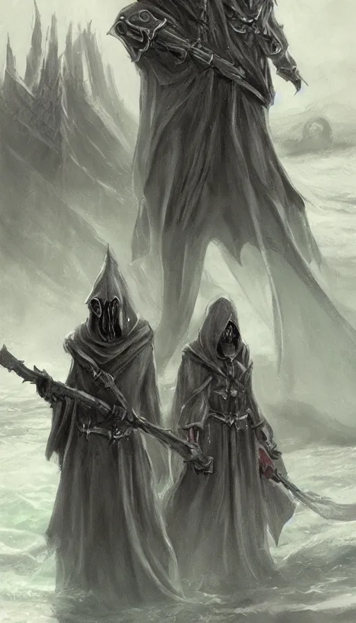 Prompt: hooded cultists, on the ocean, epic, dark fantasy, concept art