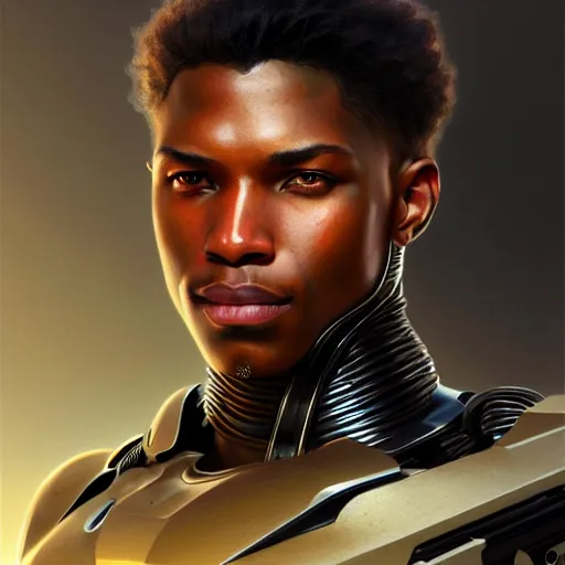 Image similar to ultra realistic illustration, a african american male cyborg soldier, intricate, elegant, highly detailed, digital painting, artstation, concept art, smooth, sharp focus, illustration, art by artgerm and greg rutkowski and alphonse mucha