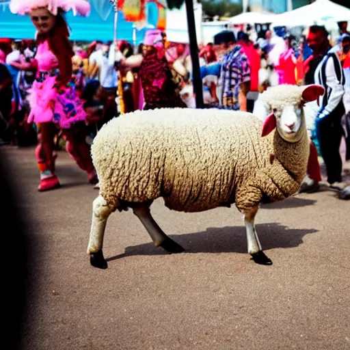 Image similar to a sheep walking in a pair of stilts carnival festival