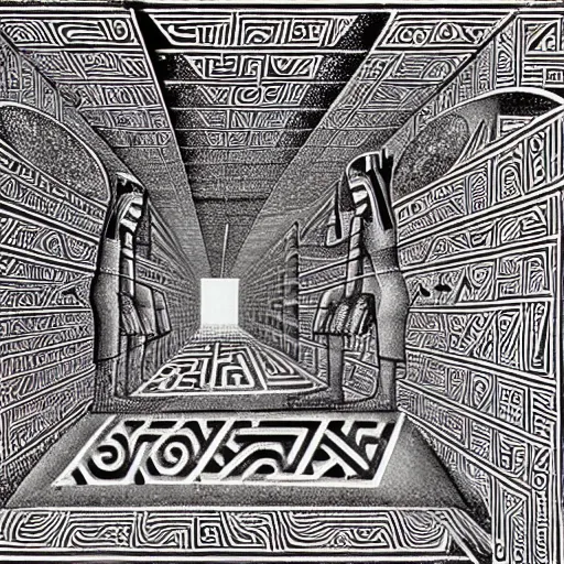 Image similar to interior of an evil egyptian heiroglyphic maze covered in mysterious hidden eye symbols, hyper detailed