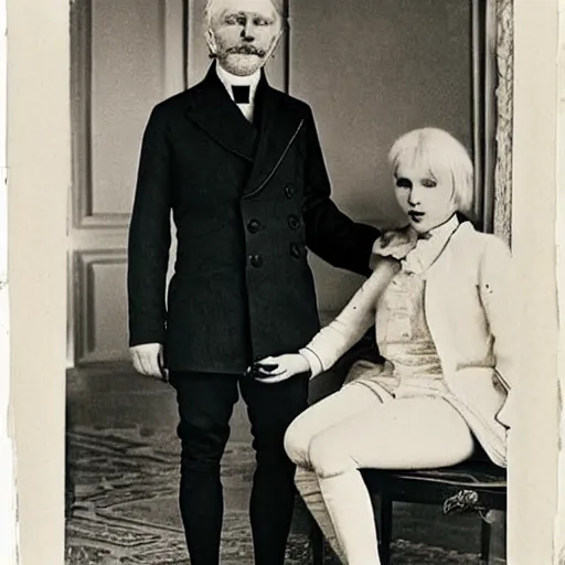 Image similar to Platinum-blonde-haired hime-cut blue-eyed French empress wearing white leggings, black jacket, boots, sitting in office, Bolshevik officer standing next to her, talking