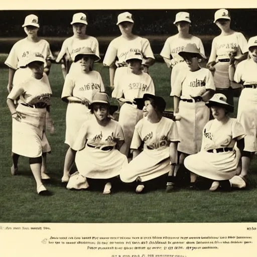 Image similar to 1946 baseball game, small town America, women in suits, women players, drawn by Norman Rockwell