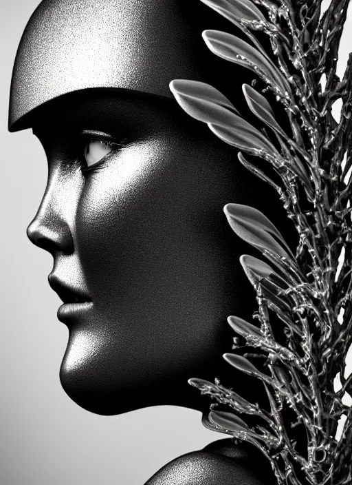 Image similar to bw contrasted close - up profile face, black background, beautiful young porcelain vegetal - dragon - cyborg - female, 1 5 0 mm, beautiful natural soft rim light, silver gold details, magnolia leaves and stems, roots, mandelbot fractal, elegant, ultra detailed, white metallic armour, octane render, h. r. giger style