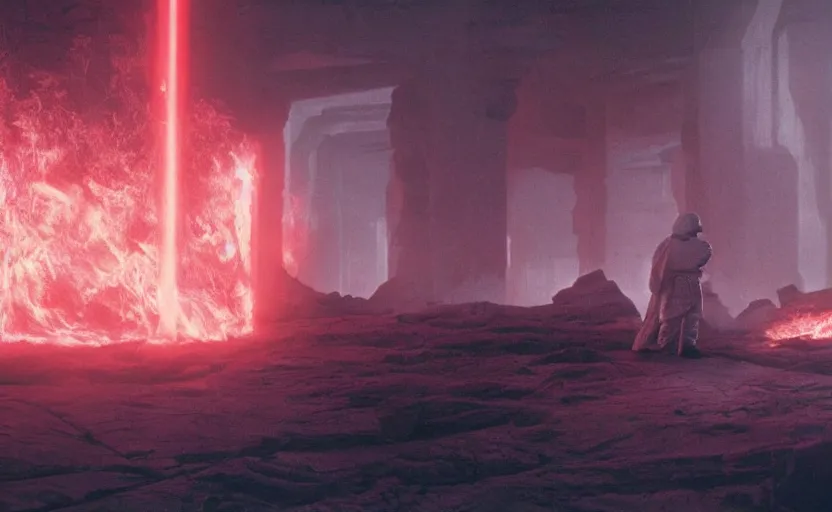 Image similar to screenshot of Luke Skywalker battling the ghost of Emporer Palpatine, with scattered ruins of a fiery pink forest, iconic scene from 1970s film by Stanley Kubrick, rise of skywalker, 4k HD, cinematic lighting, beautiful portrait of Mark Hammill, moody scene, stunning cinematography, anamorphic lenses, kodak color film stock, fire reak real life, ultra realistic, movie still