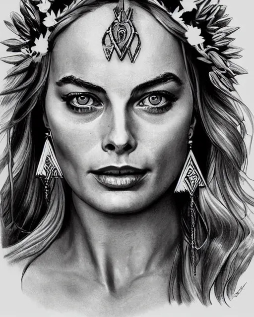 Image similar to realism tattoo sketch of margot robbie as a beautiful greek goddess aphrodite with piercing eyes wearing a laurel wreath and triangle earrings, in the style of greg rutkowski, amazing detail