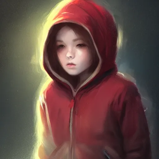 Image similar to a tiny girl with short red hair wearing a hoodie, digital art, cute face, very beautiful face, pretty face, very detailed eyes, full body illustration, 8 k resolution, soft painting, by greg rutkowski, wlop, rossdraws,