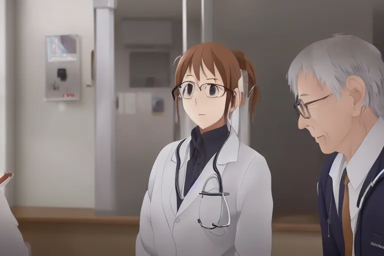 Image similar to a cute young female doctor wearing white coat are talking with an old surgeon in a hospital, slice of life anime, lighting, 8 k, hd, anime scenery by makoto shinkai